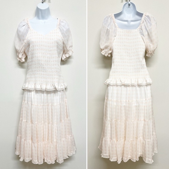 Rachel Parcell Pink Gingham Chiffon Sheer Puff Sleeve Top and Tiered Skirt Set - Picture 2 of 8